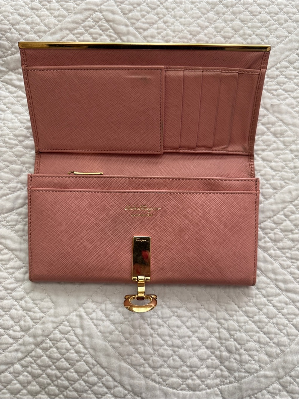 Salvatore Ferragamo Pink Saffiano Leather Wallet with Gold Hardware